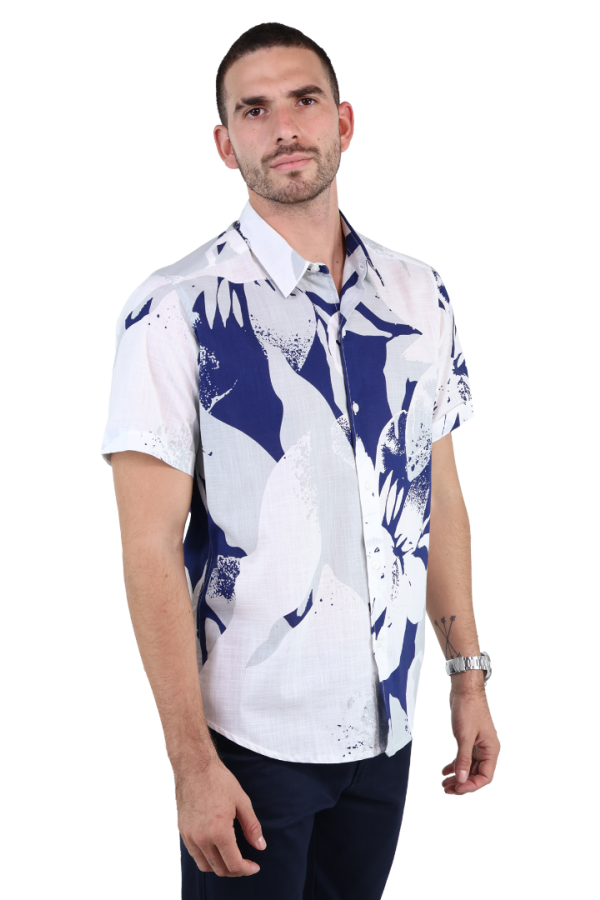 Camisa Slim Fit Manga Corta Look De Lino Estampado Floral Para Caballero